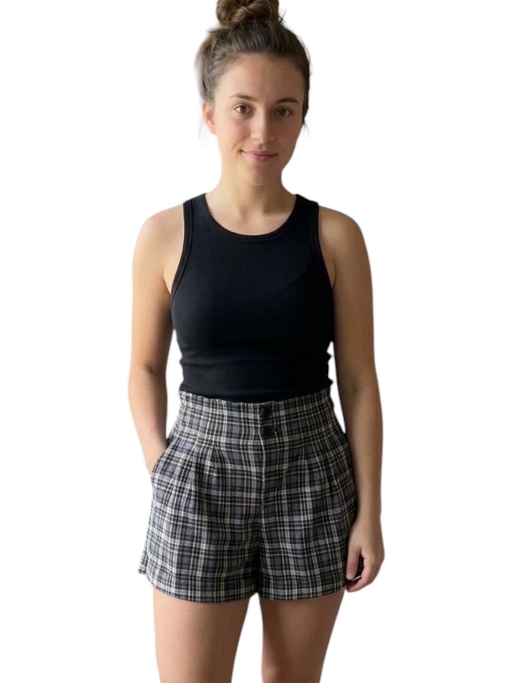 American Eagle Plaid Pleated High Waisted Shorts Gray Black Size 2